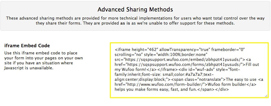 Méthodes de partage avancées Copier le code d'intégration de l'iframe dans les méthodes de partage avancées
