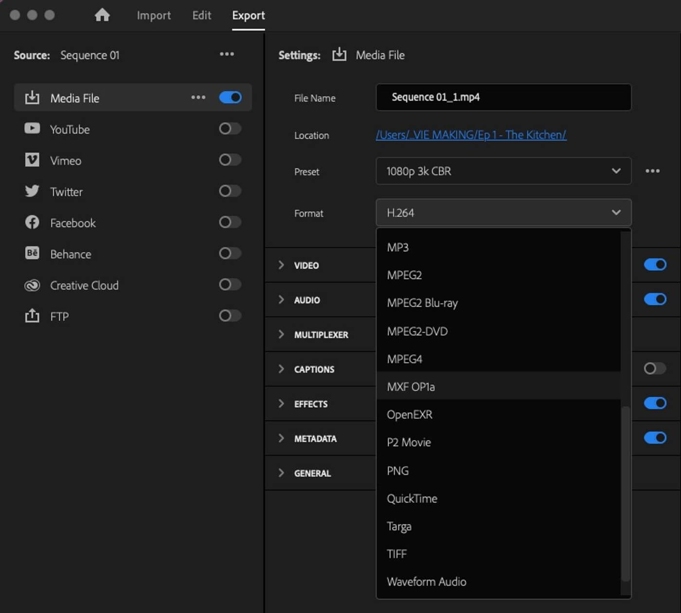 Exportation de fichiers MXF à partir d'Adobe Premiere Pro Exportation de fichiers MXF à partir d'Adobe Premiere Pro