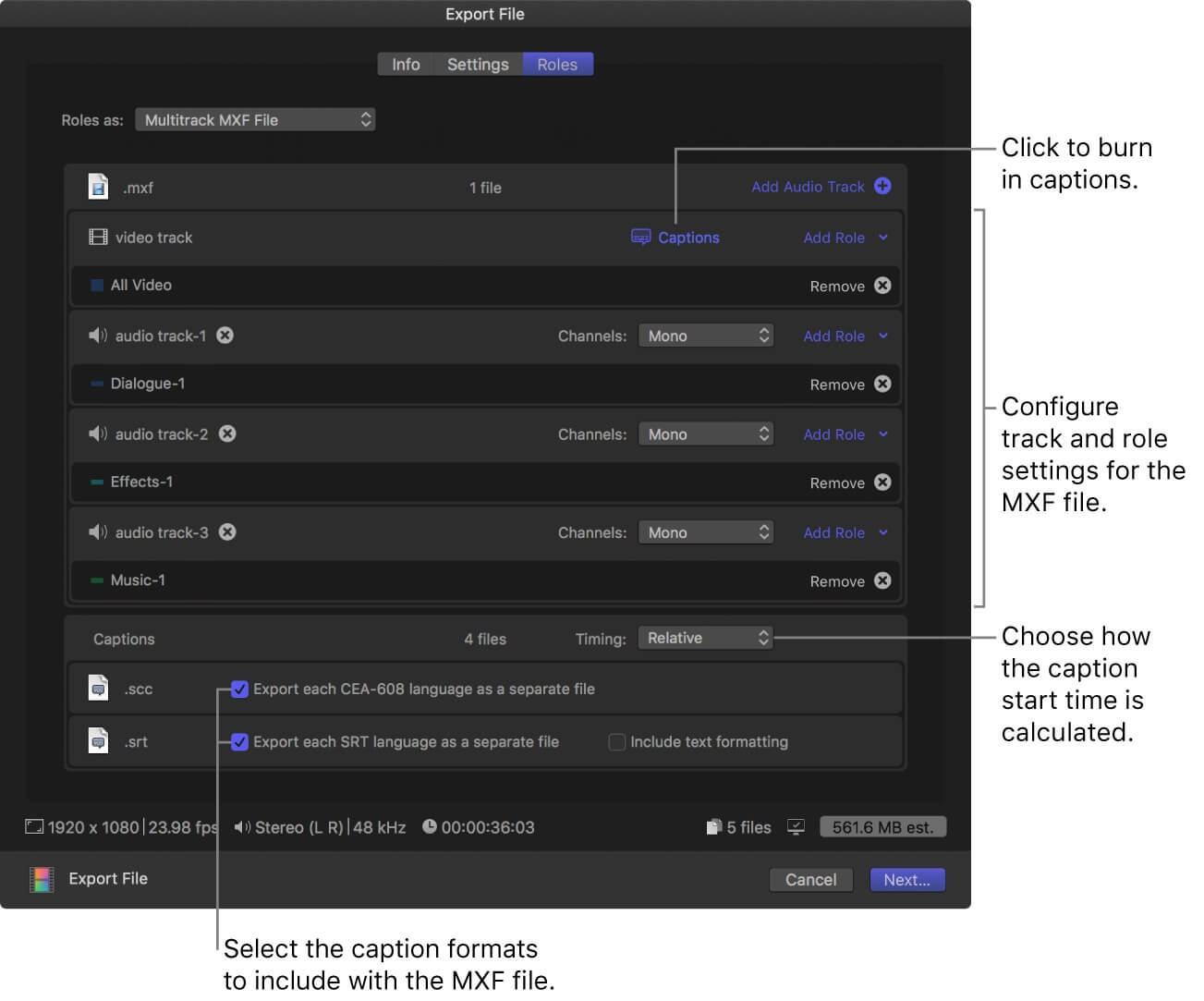 Exportation de fichiers MXF à partir de Final Cut Pro Exportation de fichiers MXF à partir de Final Cut Pro