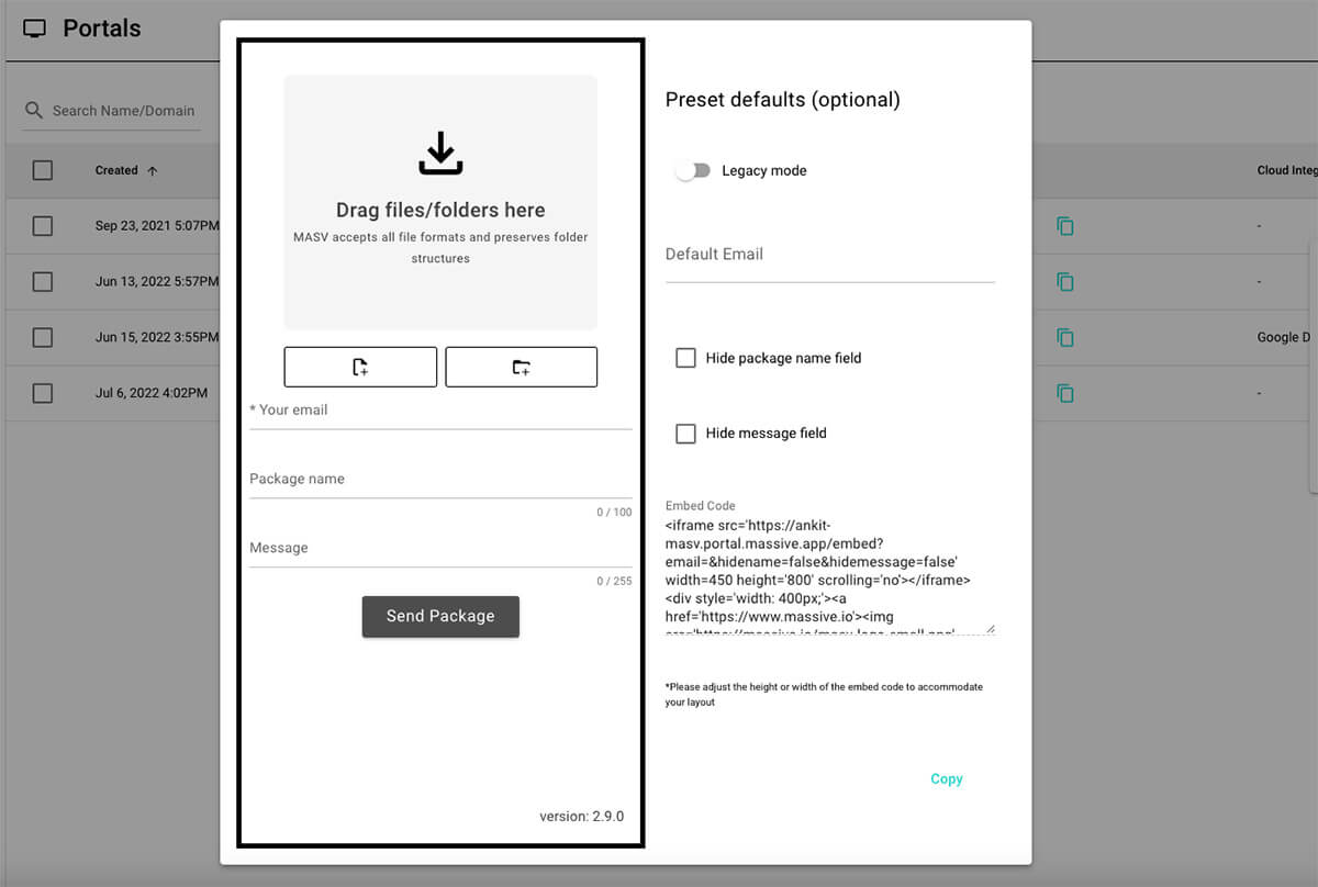 MASV-portal-embed-ui Générer un lien intégré
