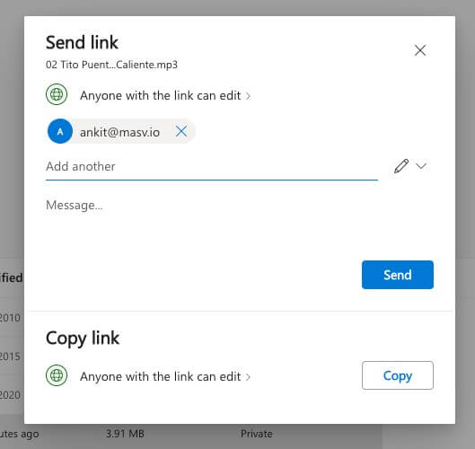 Fenêtre pop-up Envoi du lien avec OneDrive