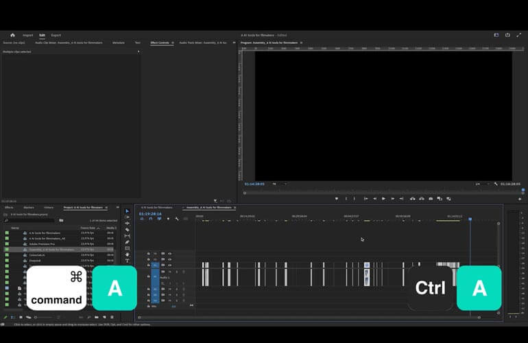 Premiere-Pro-Shortcuts_clôture l'écart_1 Sélectionner tous les clips dans la timeline dans Adobe Premiere Pro