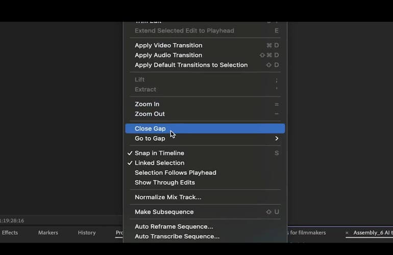 Premiere-Pro-Shortcuts_close gap_2 Passage de la souris sur l'archive du projet d'exportation dans la fenêtre du gestionnaire de projet de DaVinci Resolve