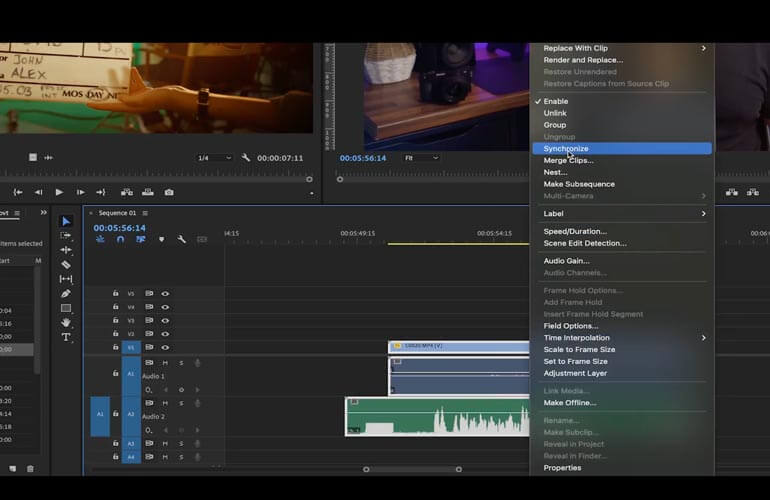 Premiere-Pro-Shortcuts_synchroniser Passage de la souris sur Synchroniser dans le menu après avoir sélectionné et cliqué avec le bouton droit de la souris sur plusieurs clips audio dans Premiere Pro