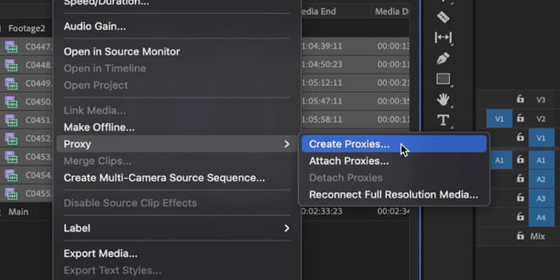 Proxy-editing-create-proxies A computer mouse hovers over create proxies option in Adobe Premiere Pro