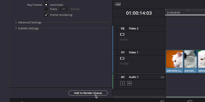Render Queue in Davinci Resolve Mouse hovering over Add to Render Queue button in DaVinci Resolve