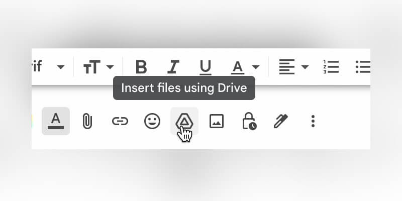 send-large-files-email-insert-from-drive Déplacement de la souris sur les fichiers à insérer à l'aide du bouton Google Drive