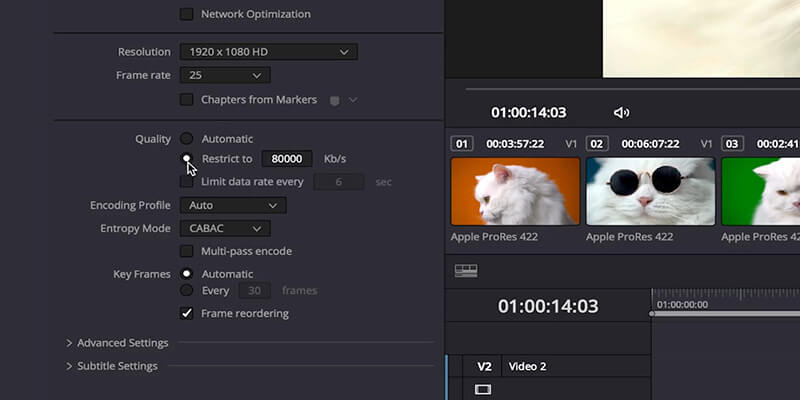 Setting bitrate quality in Davinci Resolve Mouse hovering over Restrict to set the bitrate of a DaVinci export