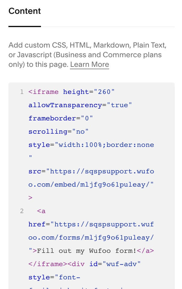 Code Wufoo Ajouter un code Wufoo à un site web Squarespace