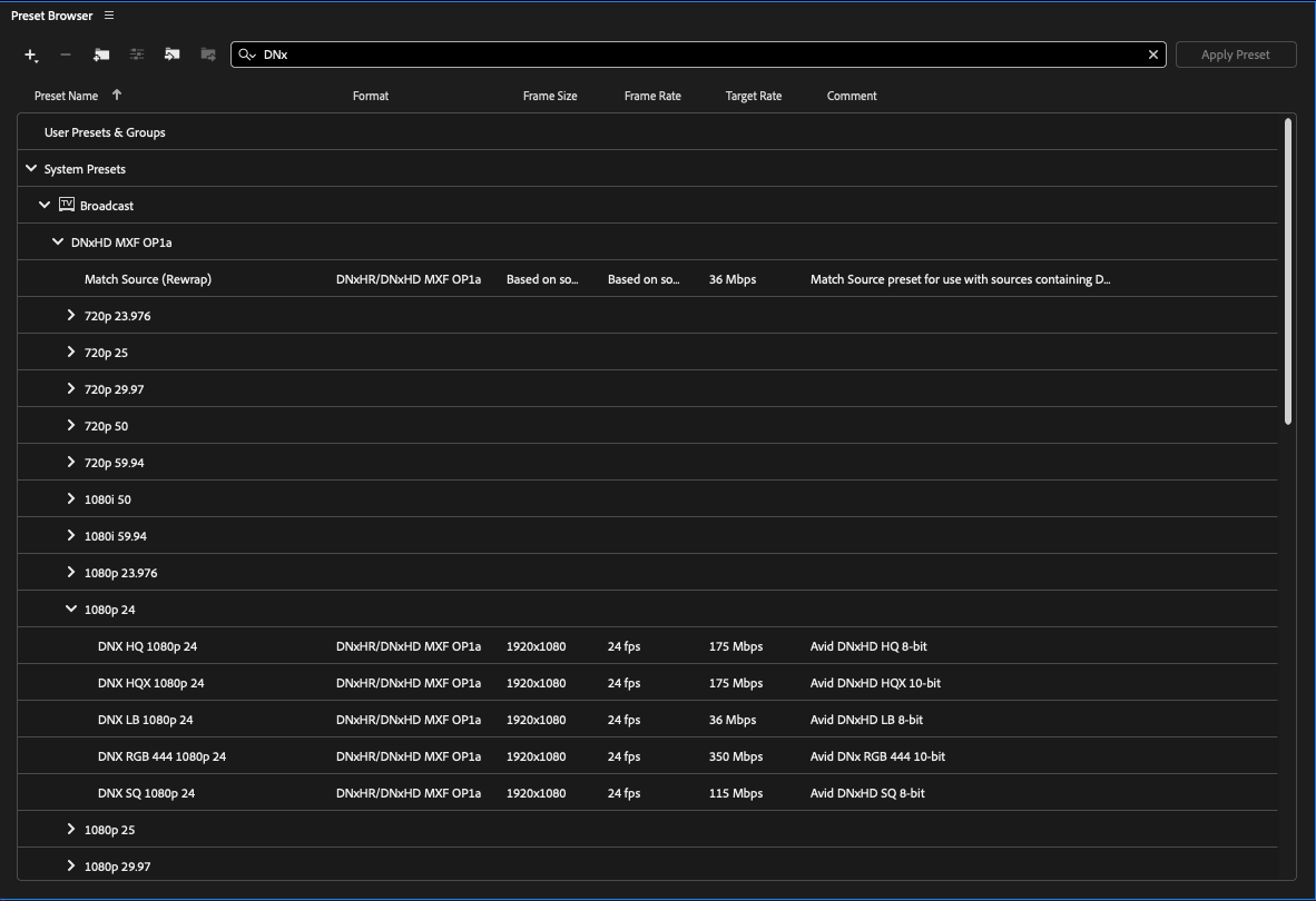 Préréglages Adobe Media Encoder DNxHR Encodeur DNxHR Presets