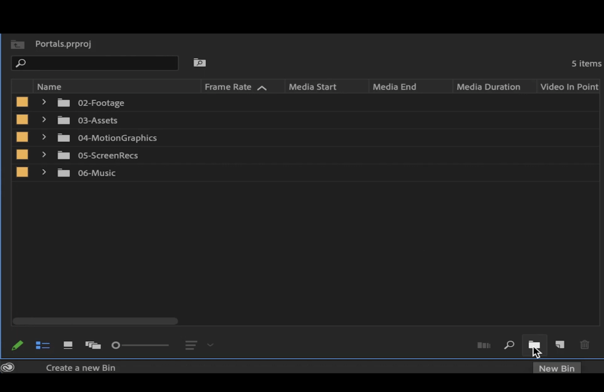 adobe-premiere-new-bin Organisation des dossiers dans votre chronologie