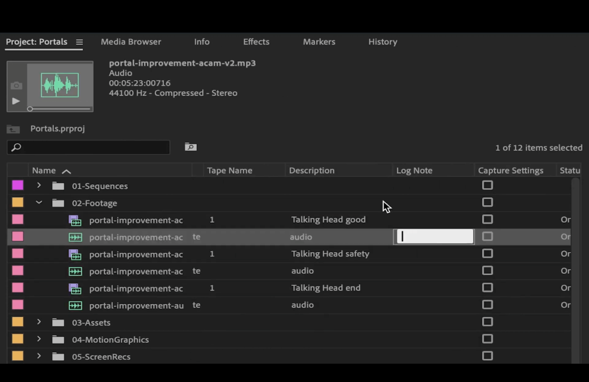 adobe-premiere-pro-metadata sections Nom de la bande, description, note de journal