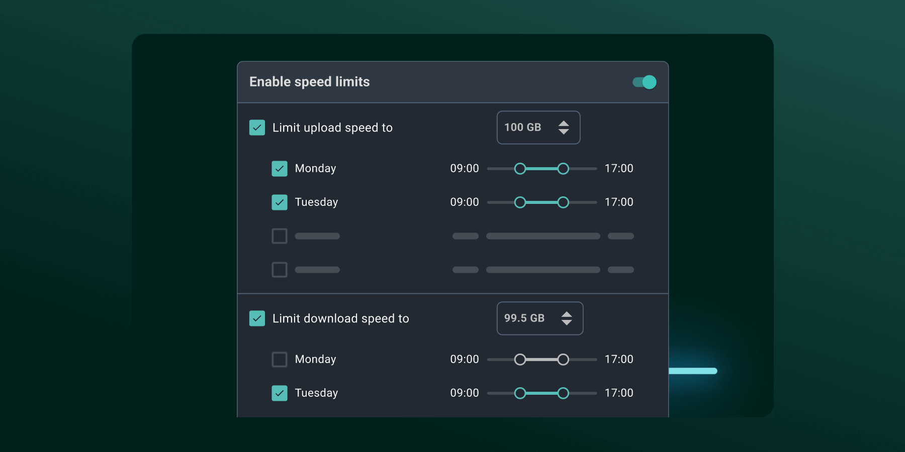 Limite de la bande passante Les limites de vitesse dans le MASV vous permettent de contrôler les mbps tout au long de la semaine