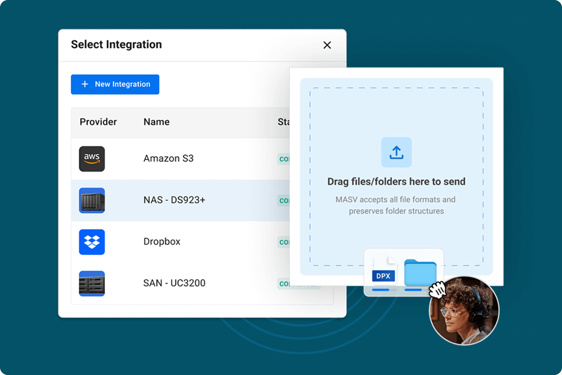 centralisé-ingest-collaborer Les équipes du monde entier peuvent télécharger vers le stockage partagé à l'aide d'un portail de téléchargement MASV.