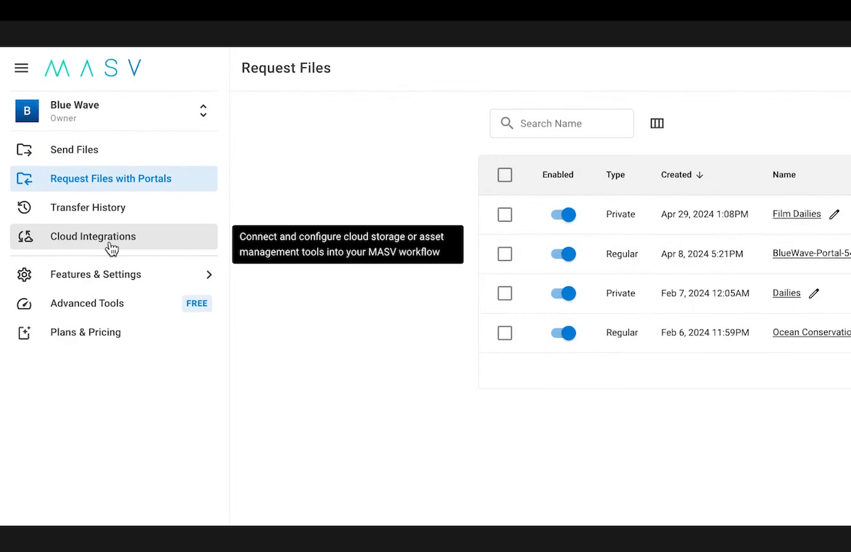 Cloud integrations tab MASV portals Image de remplacement