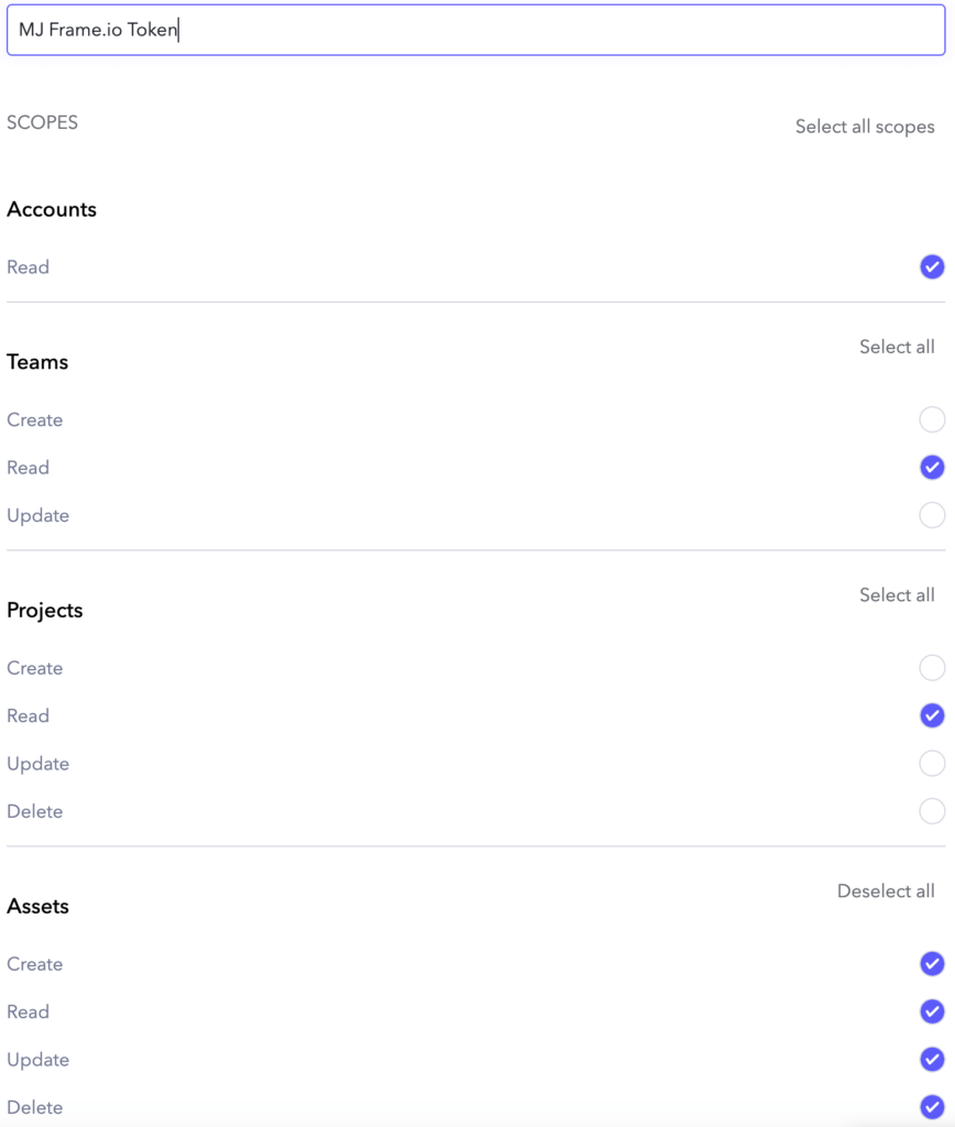 Alcance del token de la API de Frame.io
