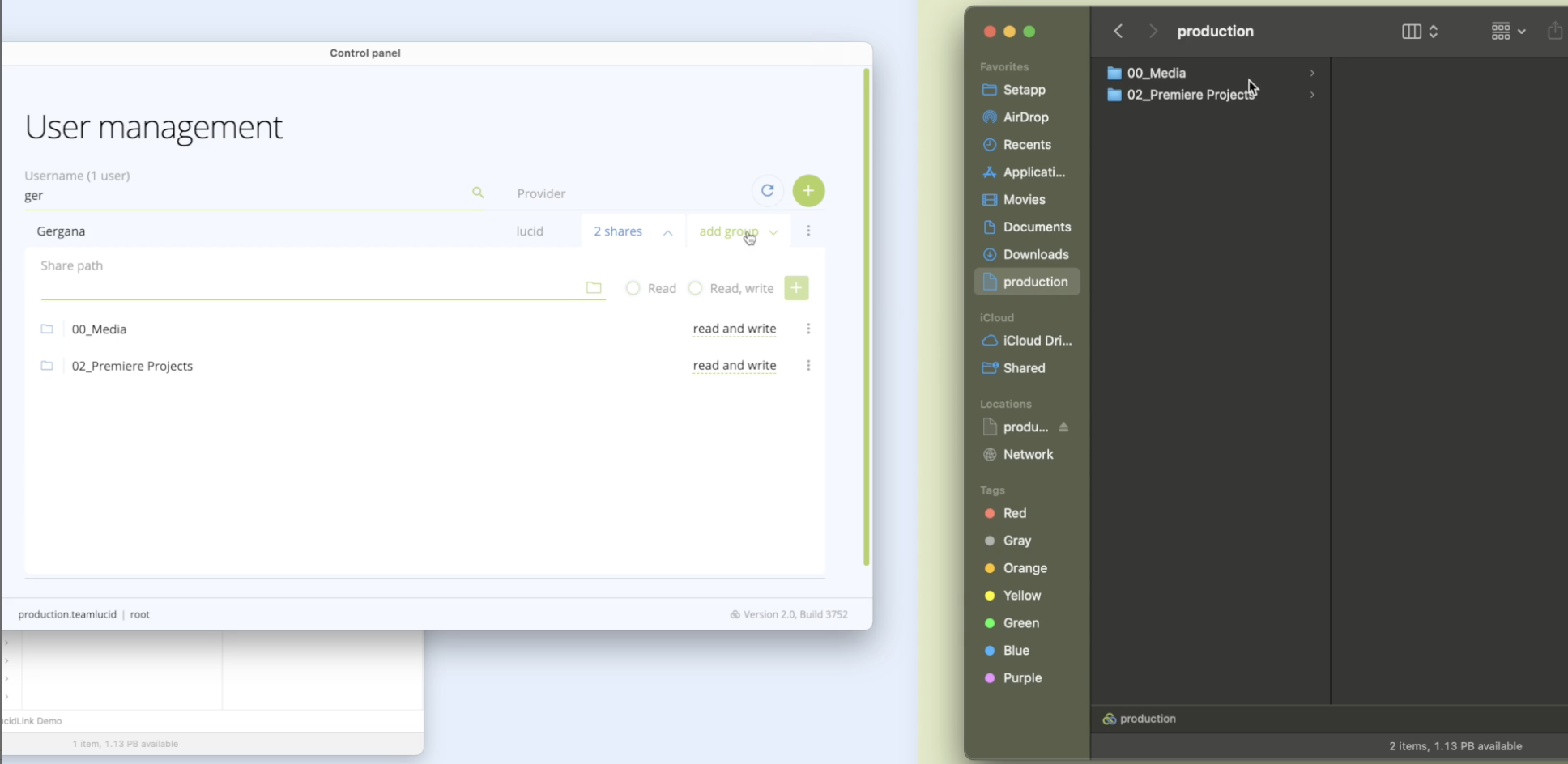 Panneau de contrôle Lucidlink Un panneau de contrôle dans LucidLink