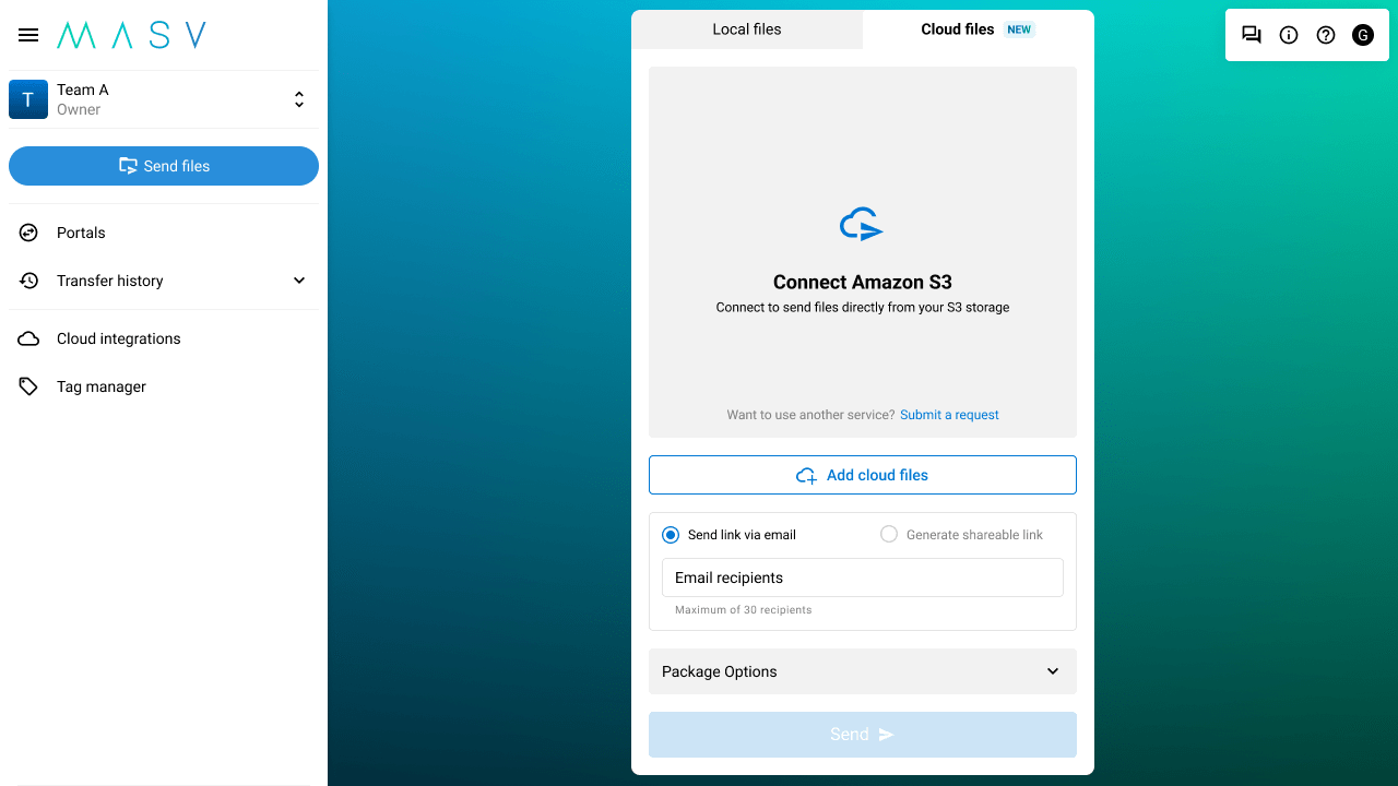 send cloud files from amazon s3 upload window
